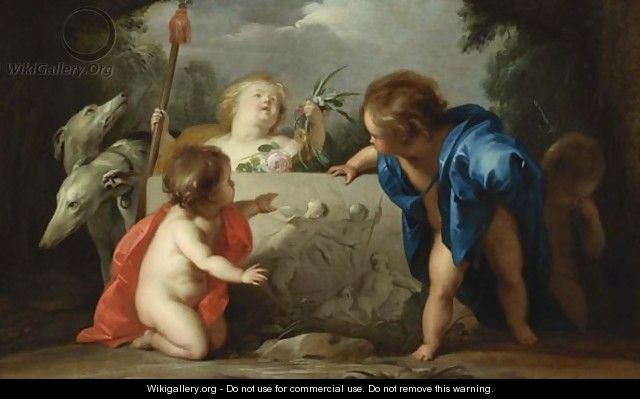 Four Putti And Two Greyhounds Admiring A Bas-Relief Showing Venus And Adonis In A Landscape - Jacob de Wit