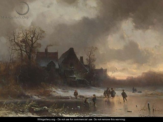 Winter Landscape With Figures On The Ice And A Farmhouse In The Background. - Adolf Stademann