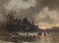 Winter Landscape With Figures On The Ice And A Farmhouse In The Background. - Adolf Stademann
