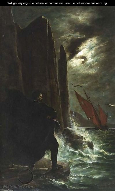 A Sailingvessel On A Moonlit Night - Ernst Haustangel