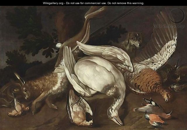 A Hunting Still Life With A Goose, A Hare, A Pheasant And Smallbirds - (after) Jacob Van Der (Giacomo Da Castello) Kerckhoven