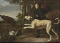A Huntsman With His Hound Chasing A Boar In A Wooded Landscape, Ducks In A Pond In The Foreground - (after) Carl Borromaus Andreas Ruthart