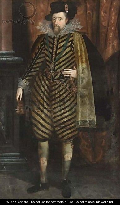 James I, King Of England, VI Of Scotland (1566-1625), Standing Full Length, Wearing A Black And White Striped Suit With A Silk Lined Black Cape, Lace Collar And Cuffs And A Hat With A Feather, Wearing The Order Of St George - (after) John De Critz