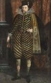 James I, King Of England, VI Of Scotland (1566-1625), Standing Full Length, Wearing A Black And White Striped Suit With A Silk Lined Black Cape, Lace Collar And Cuffs And A Hat With A Feather, Wearing The Order Of St George - (after) John De Critz