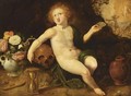 An Allegory Of Vanitas, With A Putto, A Skull, An Hourglass And Flowers, The Resurrection Of Christ Beyond - (after) Adriaen Van Nieulandt