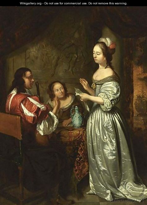 An Interior Scene With An Elegant Lady Reading A Letter, A Man Playing The Lute And A Woman Listening At The Table - (after) Caspar Netscher