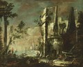 Figures Near Ruins And A Fountain, A River Landscape Beyond - German School