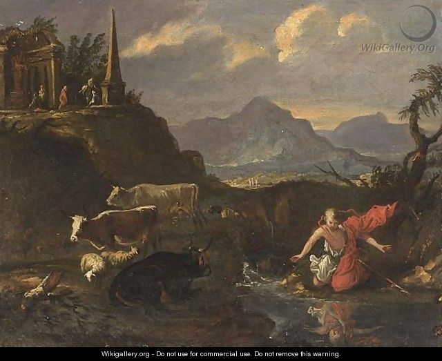 An Extensive Mountainous Landscape With Narcissus Gazing In A Pond - (after) Francesco Zuccarelli