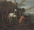 Two Horsemen And Their Horses Resting By Ruins In An Open Landscape - German School