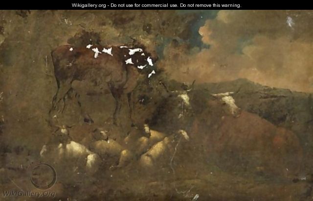 Cows And Sheep In A Landscape - German School