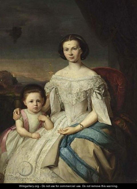 A Selfportrait Of The Artist, Seated Three-Quarter Length, Wearing A White Dress, Together With Her Daughter Marie - Rosa Heymann-Figdor