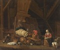 A Barn Interior With A Maid Sowing, A Boy Eating An Apple And A Still Life Of Pots And Pans And Fruits - (after) Cornelis Saftleven