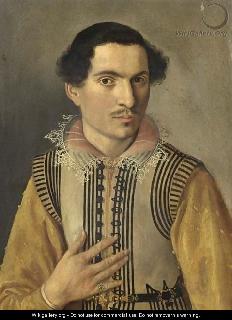 A Portrait Of A Gentleman, Half Length, Wearing A Black And White Coat With Yellow Sleeves And A Lace Collar - (after) Anthonis Mor Van Dashorst