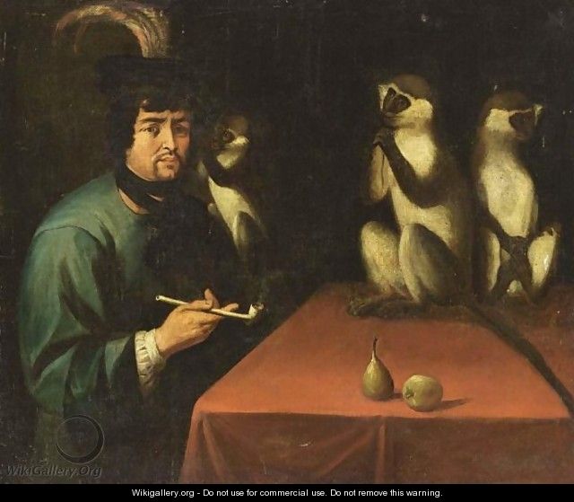 A Man Smoking A Pipe At A Table Together With Three Monkeys - Spanish School
