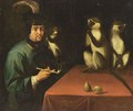 A Man Smoking A Pipe At A Table Together With Three Monkeys - Spanish School