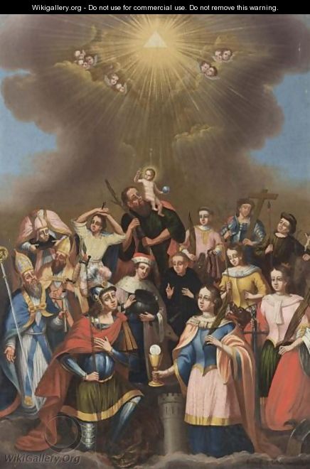 Christ Together With Fourteen Saints, Including St. Barbara, St. Christopher, St. George, St. Hubertus, St. Catharine Of Siena, All Underneath The Trinity - Anton Andreas Neidon