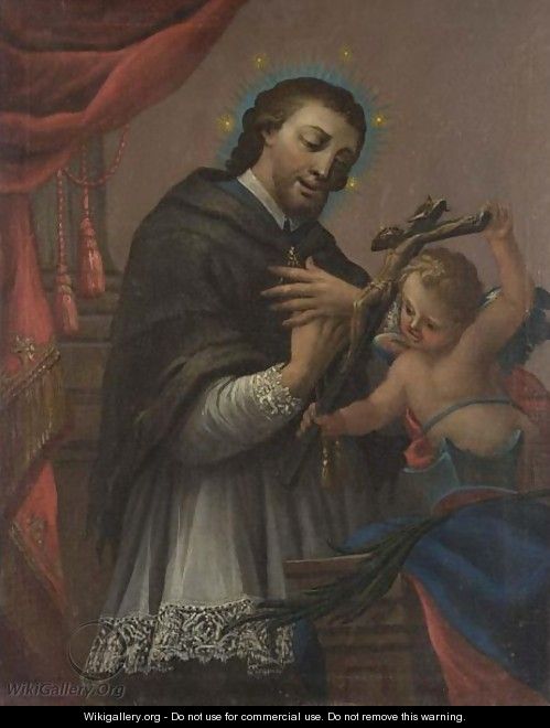A Saint In Prayer In Front Of A Crucifix - Spanish Colonial School