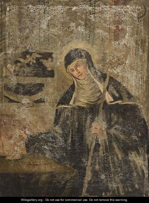 Saint Bridget Of Sweden (C.1304 - 1373), Wearing A Nun A´s Habit And Holding A Crozier In One Hand And A Candlestick In The Other, A Crown On The Table - German School