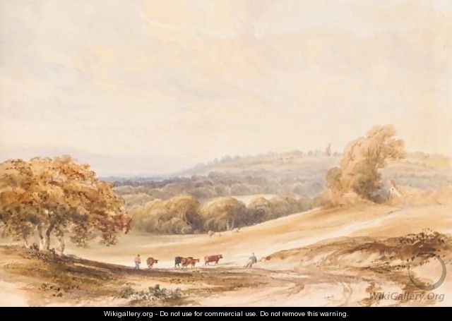 Farmers And Cattle In A Landscape With A Cottage And Windmill Beyond - Anthony Vandyke Copley Fielding