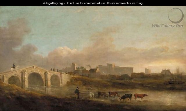 View Of Middleham Castle, Yorkshire With A Drover And Her Cattle In The Foreground - (after) Julius Caesar Ibbetson