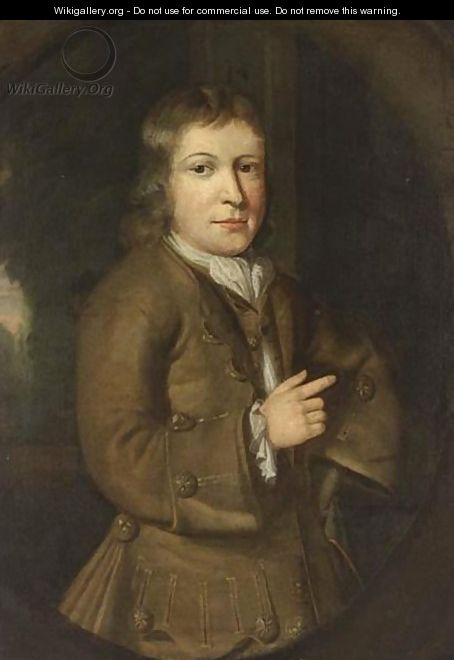 A Portrait Of A Boy, Half Length, Wearing A Grey Green Waist Coat With White Chemise - Jacob Schrieder