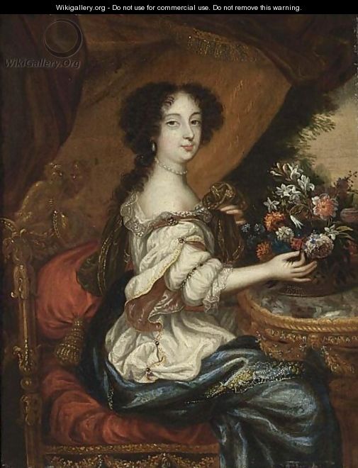 A Portrait Of A Lady, Seated Three-Quarter Lenght, Wearing A White Dress With A Blue Shawl And Holding A Basket Of Flowers - (after) Mignard, Pierre II