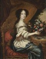 A Portrait Of A Lady, Seated Three-Quarter Lenght, Wearing A White Dress With A Blue Shawl And Holding A Basket Of Flowers - (after) Mignard, Pierre II