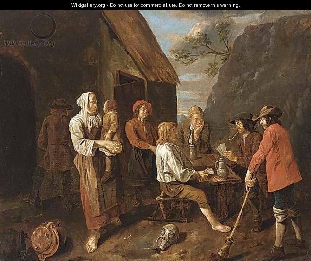Peasants Drinking And Playing Cards Near An Inn - Francois Van Aken