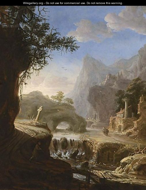 Italianate Fantasy Landscape With Figures Near A Small Cascade - Pieter Fris