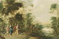A Wooded Landscape With Three Huntresses And Their Hounds On A Path - (after) Jasper Van Der Lanen