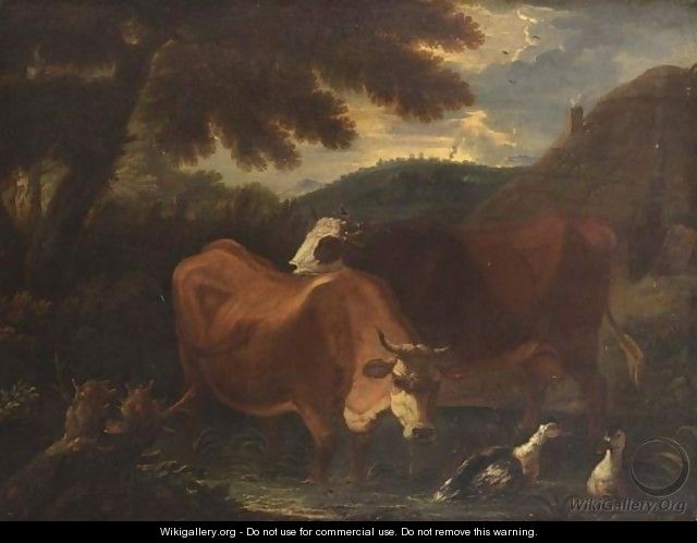 Cows Wading In A Stream In A Wooded Landscape - Dutch School