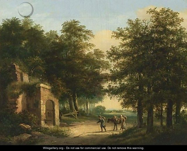 Travellers In A Wooded Landscape Arriving At A Ruin - Henricus Franciscus Wiertz
