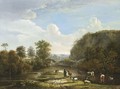 Herdsman Wading With Their Cattle In A Stream In A Hilly Landscape - Belgian School