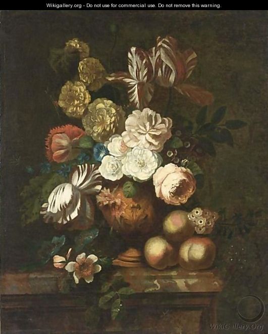 A Still Life With Flowers, Peaches And Grapes Upon A Marble Pedestal - (after) Huysum, Jan van