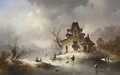 A Winterlandscape With Skaters On A Frozen Waterway - Charles van den Eycken