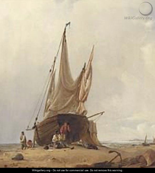 Figures By A Beached Sailing Vessel - Jacobus Albertus Michael Jacobs