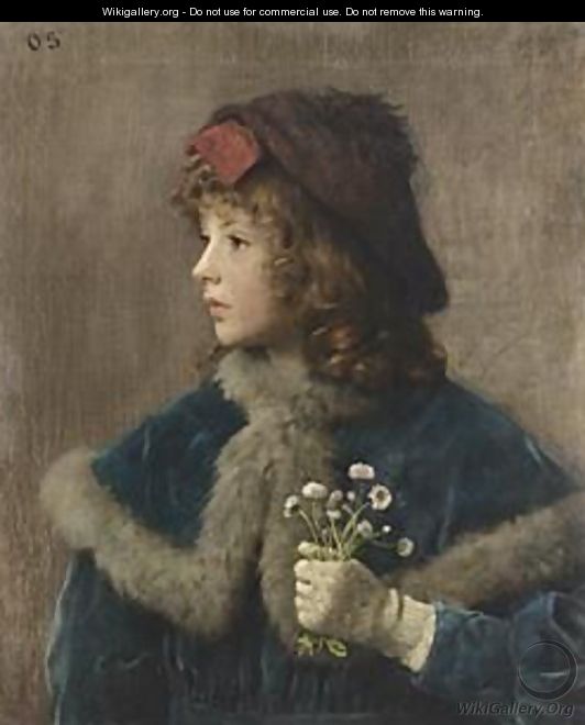 A Girl With Flowers - Otto Scholderer