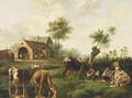 Cows In A Summer Landscape, Peasants In The Background - Albertus Verhoesen