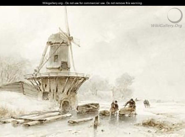 A Winter Landscape With A Windmill And Skaters On The Ice - Andreas Schelfhout