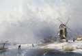 A Frozen Waterway With Skaters Near A Windmill - Charles Henri Leickert