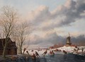 A Winter Landscape With Skaters On A Frozen River, A Windmill Beyond - Anthony Andreas De Meyier