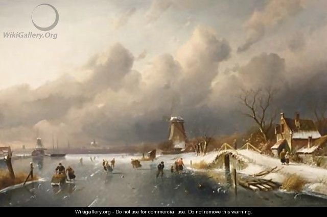 Skaters On A Frozen Waterway, Windmills In The Background - Charles Henri Leickert