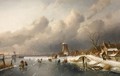 Skaters On A Frozen Waterway, Windmills In The Background - Charles Henri Leickert