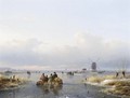 Figures On A Frozen Waterway, A A'Koek En Zopie A' In The Distance - Lodewijk Johannes Kleijn