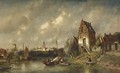 Figures In A River Landscape, A Town Beyond - Charles Henri Leickert