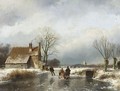 Skaters On A Frozen Waterway, A Village In The Distance - Andreas Schelfhout