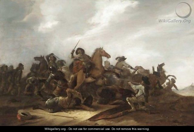 A Cavalry Battle Scene In A Landscape - Jacob Mathias Weyer