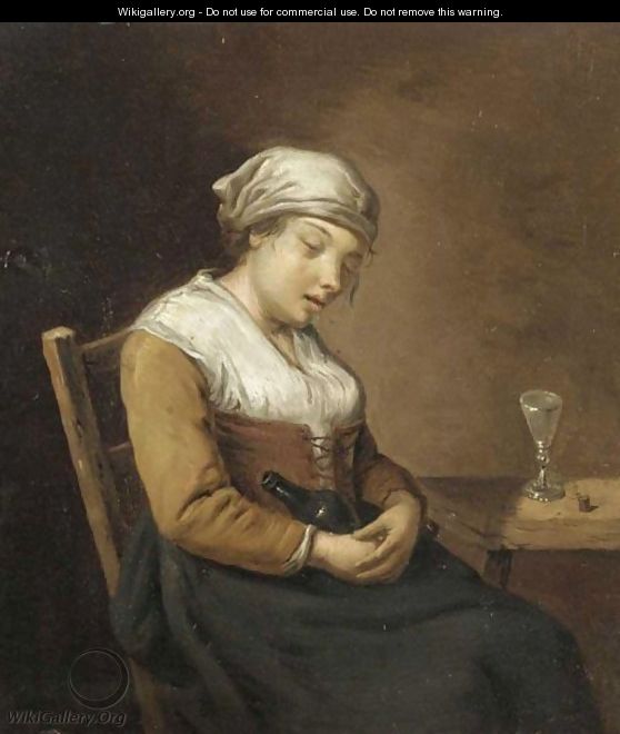 Interior With A Drunken Lady Seated Holding A Bottle, Beside A Wooden Table - Dutch School