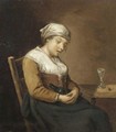 Interior With A Drunken Lady Seated Holding A Bottle, Beside A Wooden Table - Dutch School