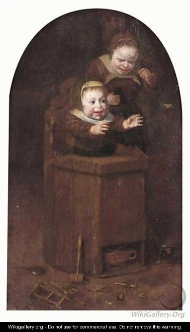 A Young Girl Crying And A Baby In A Highchair, A Little Bird Flying Away - Dutch School